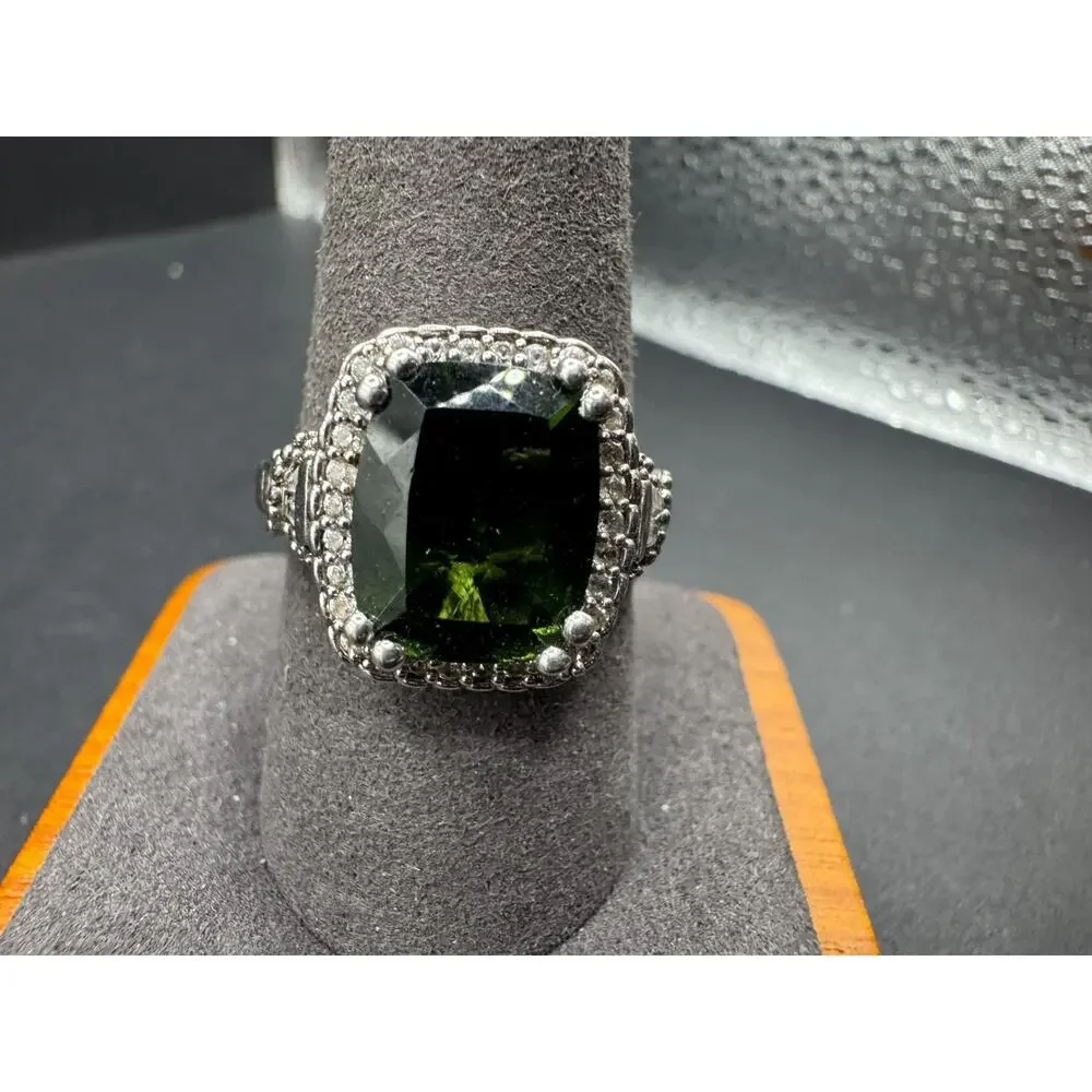 D'Joy 925 Sterling Silver Green Tourmaline Diamond Halo Filigree Ring Size 10